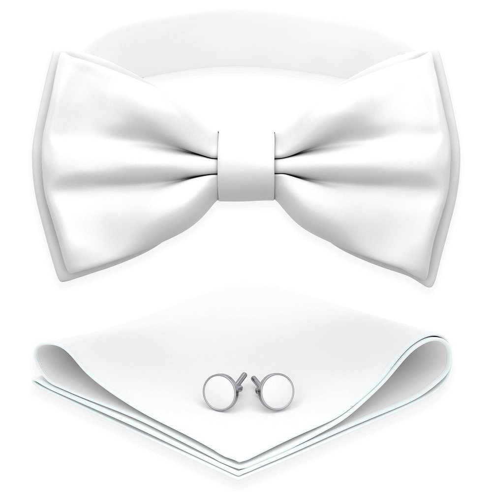 Adam Young Boy's White Bow Tie with Handkerchief & Cufflinks Pre-Tied Style Formal Satin Classic Bowtie for Tuxedo Faux Silk (Medium, White)