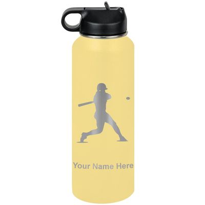 LaserGram Personalized Water Bottle, Baseball Player 3, Stainless Steel Double Wall Vacuum Insulated with Flip Top Straw, Custom Engraved Gift (40oz / 1180ml Yellow)