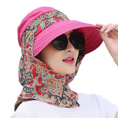 3in1 Sun Visor Hats for Women Wide Brim Sun Hats Rollable Ponytail Hat Beach Visors with Neck Flap Floppy Hat Hiking Hat Rose Red