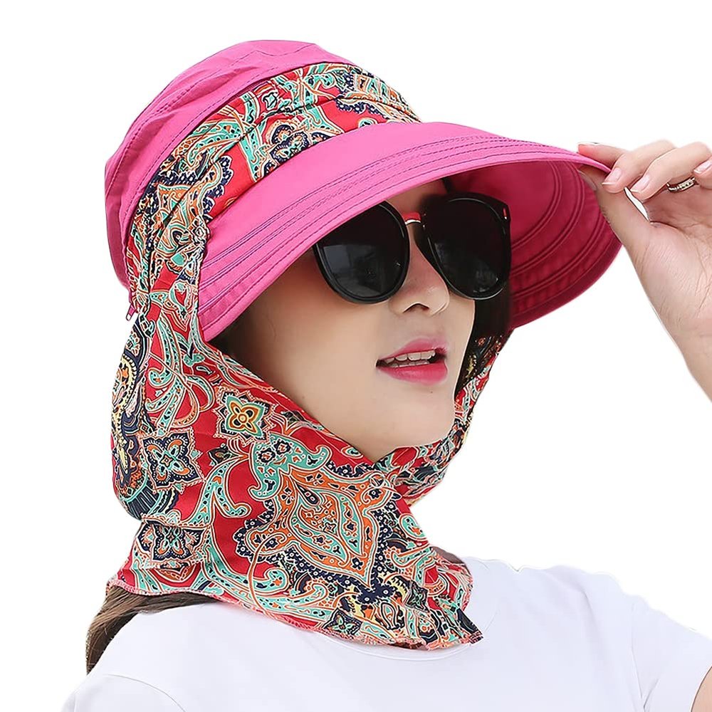 3in1 Sun Visor Hats for Women Wide Brim Sun Hats Rollable Ponytail Hat Beach Visors with Neck Flap Floppy Hat Hiking Hat Rose Red