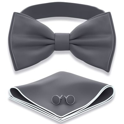 Adam Young Men's Gray Bow Tie with Handkerchief & Cufflinks Pre-Tied Style Formal Satin Classic Bowtie for Tuxedo Faux Silk (Large, Grey Fog)