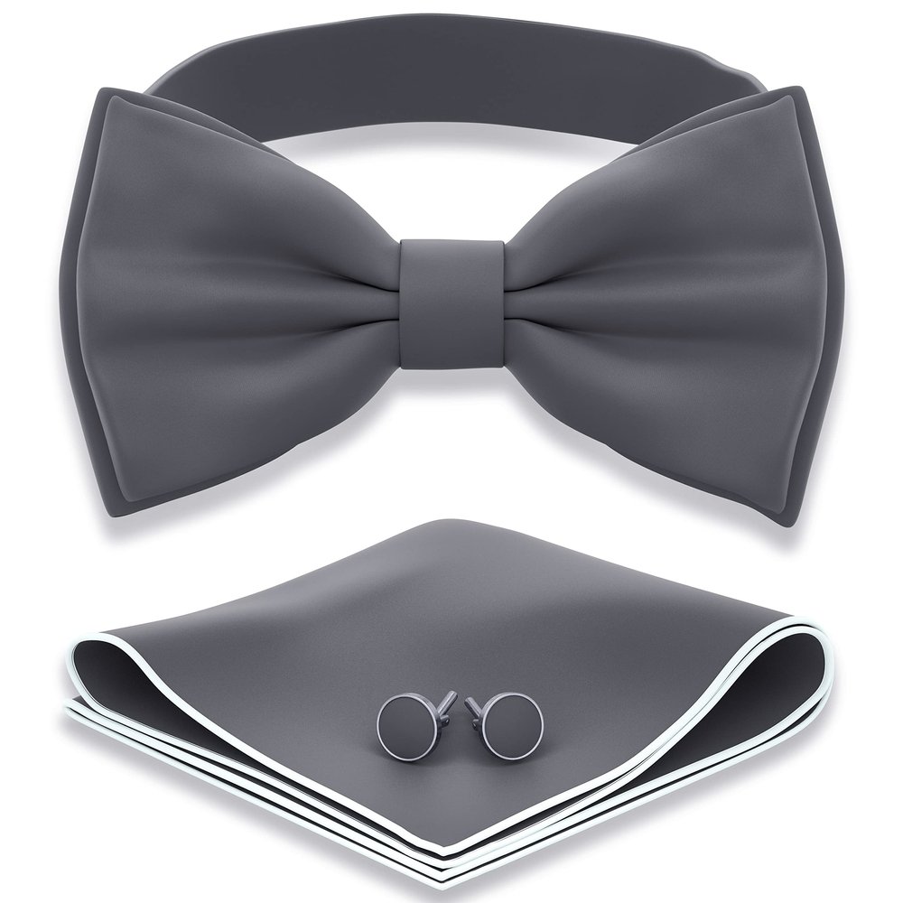Adam Young Men's Gray Bow Tie with Handkerchief & Cufflinks Pre-Tied Style Formal Satin Classic Bowtie for Tuxedo Faux Silk (Large, Grey Fog)