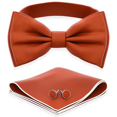 Adam Young Boy's Tiger Carrot Bow Tie with Handkerchief & Cufflinks Pre-Tied Style Formal Satin Classic Bowtie for Tuxedo Faux Silk (Medium, Burnt Orange)