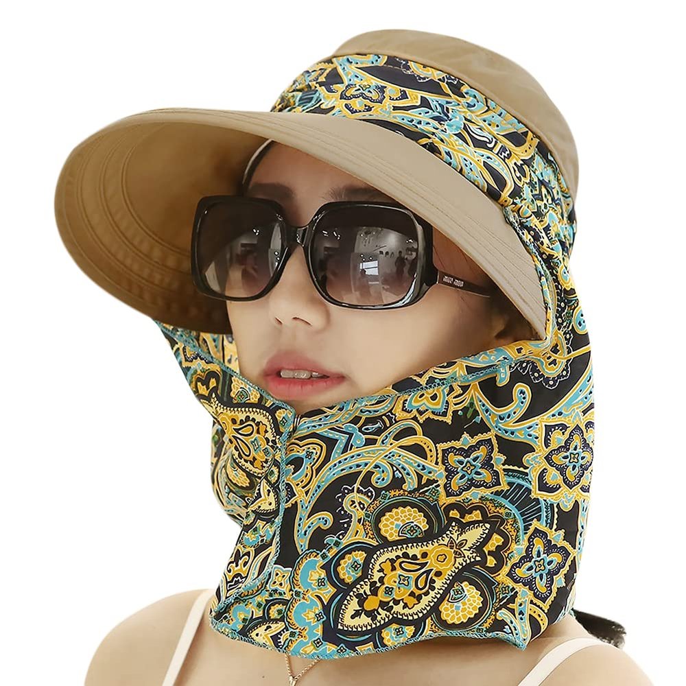 3in1 Sun Visor Hats for Women Wide Brim Sun Hats Rollable Ponytail Hat Beach Visors with Neck Flap Floppy Hat Hiking Hat Khaki