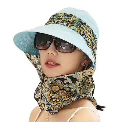 3in1 Sun Visor Hats for Women Wide Brim Sun Hats Rollable Ponytail Hat Beach Visors with Neck Flap Floppy Hat Hiking Hat Gray Blue