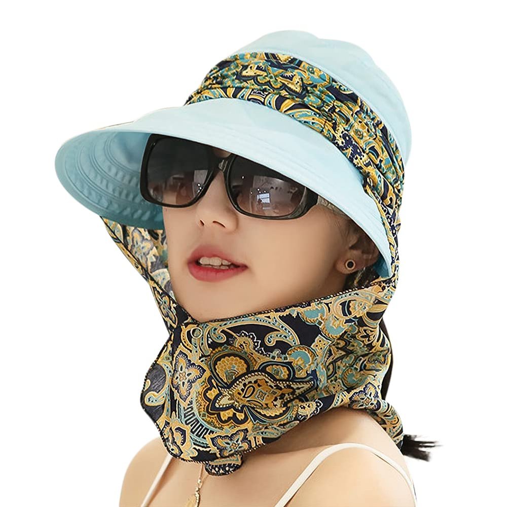 3in1 Sun Visor Hats for Women Wide Brim Sun Hats Rollable Ponytail Hat Beach Visors with Neck Flap Floppy Hat Hiking Hat Gray Blue