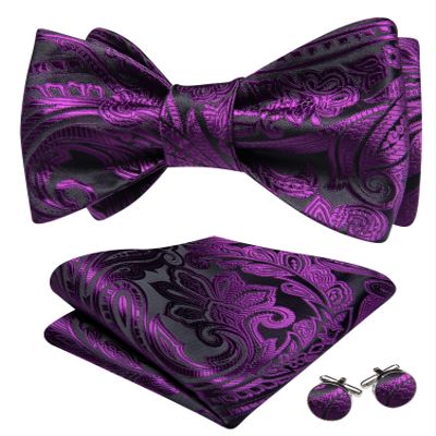 Barry.Wang Self Tie Bow Ties for Men Dark Purple Bow Tie and Pocket Square Cufflinks Set Paisley Flower Bowtie Wedding