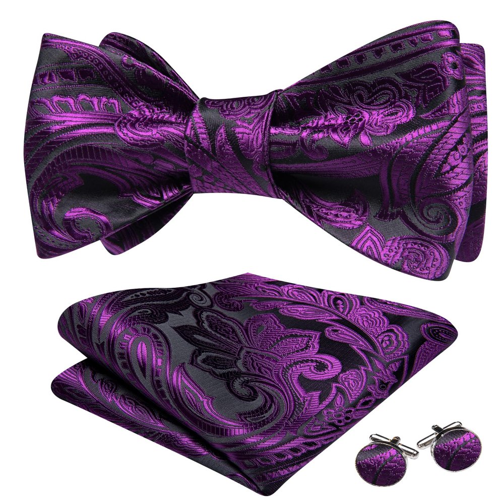 Barry.Wang Self Tie Bow Ties for Men Dark Purple Bow Tie and Pocket Square Cufflinks Set Paisley Flower Bowtie Wedding