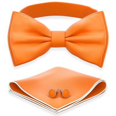 Adam Young Men's Burn Pumpkin Bow Tie with Handkerchief & Cufflinks Pre-Tied Style Formal Satin Classic Bowtie for Tuxedo Faux Silk (Large, Orange)