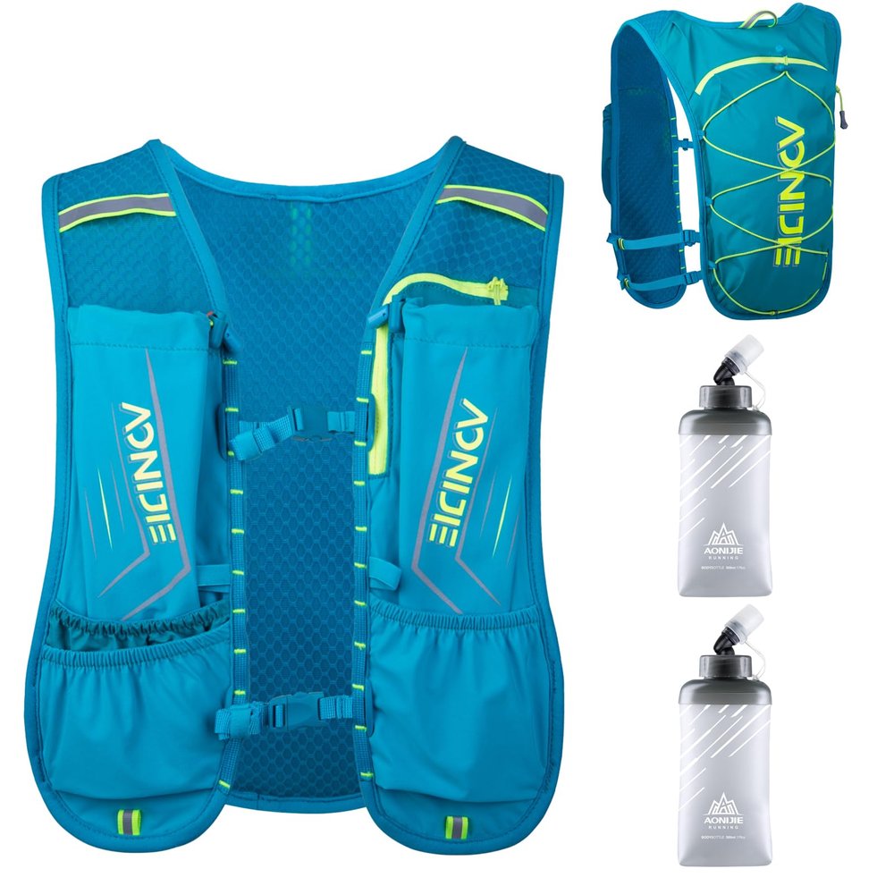 Azarxis Hydration Running Vest Backpack Pack 5L for Women and Men Jogging Trail Race Marathon Cycling Hiking (Mint Blue with 2 x 500ml Soft Flasks)