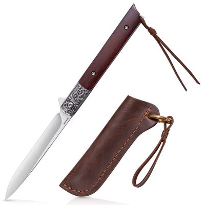 OOULORE Tactical Knife, Small Pocket Folding Knife with Lanyard & Sheath, D2 Steel Blade, Liner Lock and Red Sandalwood Handle for Outdoor, Survival, Camping, Hunting and EDC