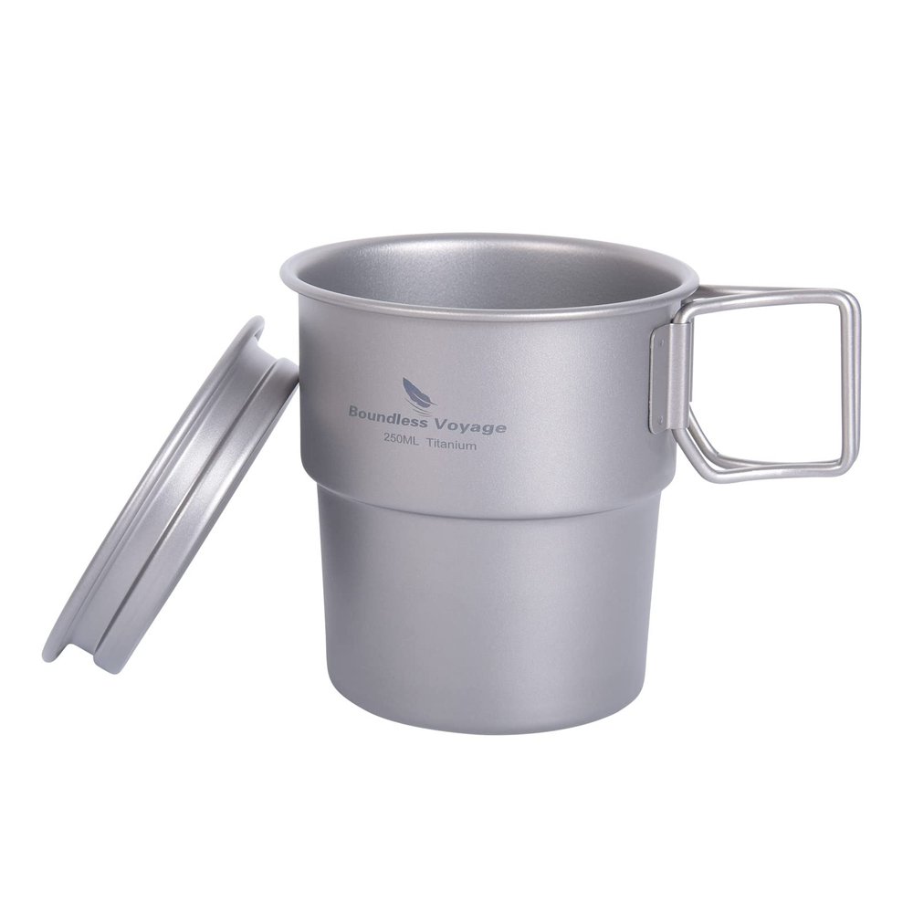 Boundless Voyage 250ml Titanium Cup with Lid Folding Handle Single Walled Camping Bacpacking Lightweight Mug Portable Druable European Stackable Drinkware for Outdoor Hiking Travel Ti3051D