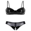 Linjinx Women's Two-Piece Patent Leather Swimsuit Bra Tops Mini Triangle Thongs Bikinis Set Swimwear Black X-Large view 1