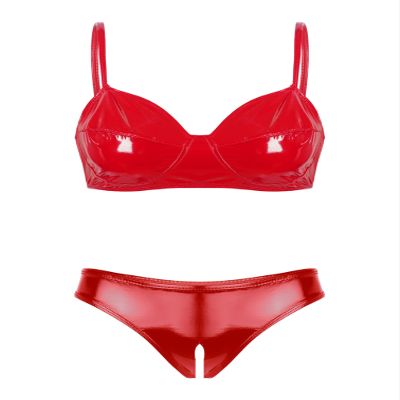 Linjinx Women's Two-Piece Patent Leather Swimsuit Bra Tops Mini Triangle Thongs Bikinis Set Swimwear Red X-Large
