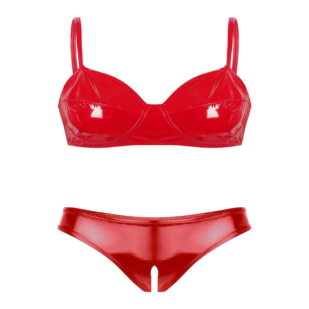 Linjinx Women's Two-Piece Patent Leather Swimsuit Bra Tops Mini Triangle Thongs Bikinis Set Swimwear Red X-Large