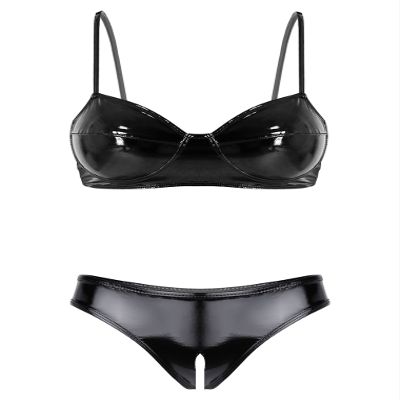 Linjinx Women's Two-Piece Patent Leather Swimsuit Bra Tops Mini Triangle Thongs Bikinis Set Swimwear Black Medium