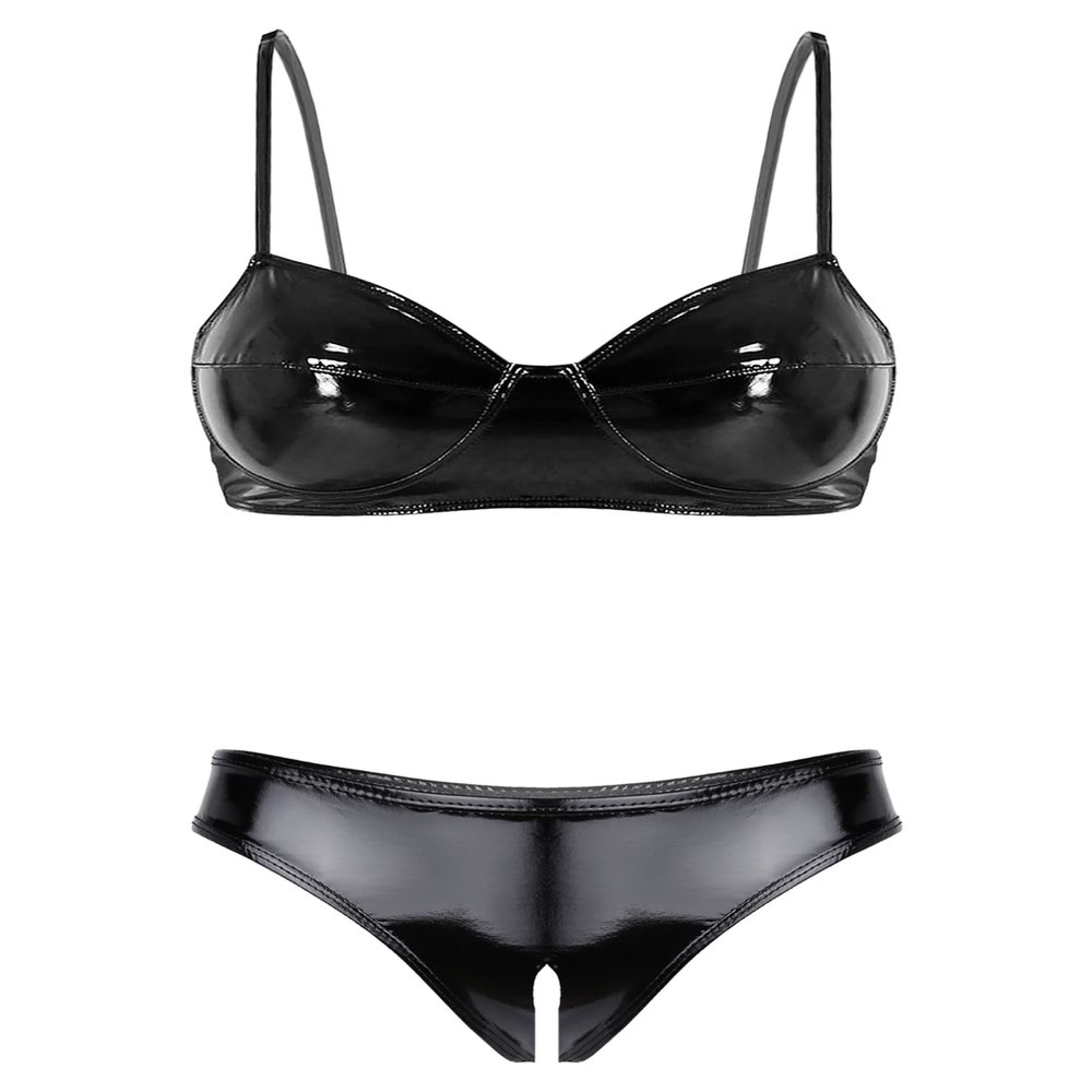 Linjinx Women's Two-Piece Patent Leather Swimsuit Bra Tops Mini Triangle Thongs Bikinis Set Swimwear Black Large