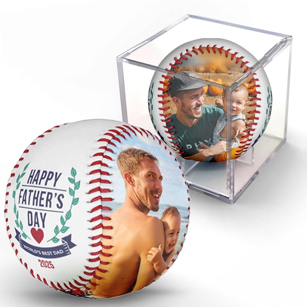 MAKEABALL Father's Day Custom Photo Baseball | Personalized Baseball with Your Pictures | #1 Dad, Worlds Best Dad, Husband, Grandpa (Happy Father's Day - Emblem Design)