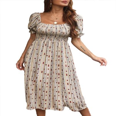 WOWARKI Women's Square Neck Smocked Midi Dress Summer Printed Babydoll Dress Ruffle Puff Sleeve Long Dress Swing Dresses (Beige, M)