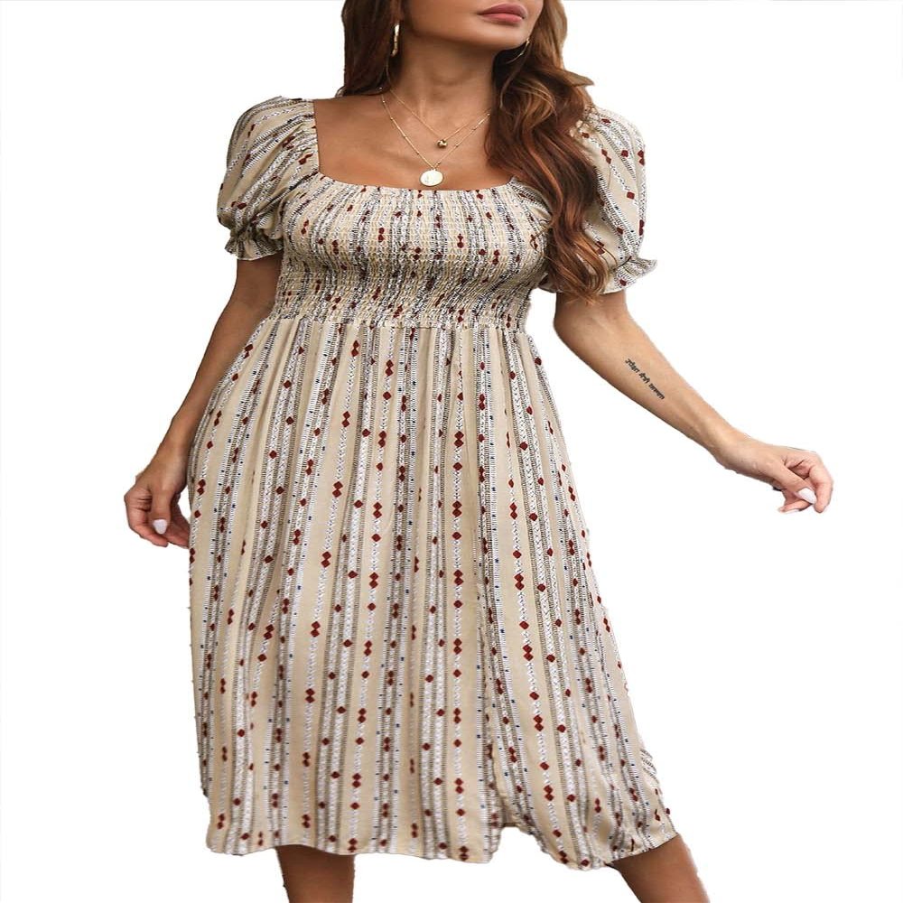 WOWARKI Women's Square Neck Smocked Midi Dress Summer Printed Babydoll Dress Ruffle Puff Sleeve Long Dress Swing Dresses (Beige, M)
