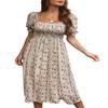 WOWARKI Women's Square Neck Smocked Midi Dress Summer Printed Babydoll Dress Ruffle Puff Sleeve Long Dress Swing Dresses (Beige, M) view 1