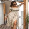 WOWARKI Women's Square Neck Smocked Midi Dress Summer Printed Babydoll Dress Ruffle Puff Sleeve Long Dress Swing Dresses (Beige, M) view 2