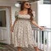 WOWARKI Women's Square Neck Smocked Midi Dress Summer Printed Babydoll Dress Ruffle Puff Sleeve Long Dress Swing Dresses (Beige, M) view 4