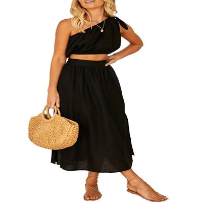 2PC Set Women's Summer One Shoulder Crop Tops with Midi Skirt Set Tie Straps Ruffle Dress Swing Pleated Long Dress (Black, S)