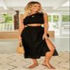 2PC Set Women's Summer One Shoulder Crop Tops with Midi Skirt Set Tie Straps Ruffle Dress Swing Pleated Long Dress (Black, S) view 4