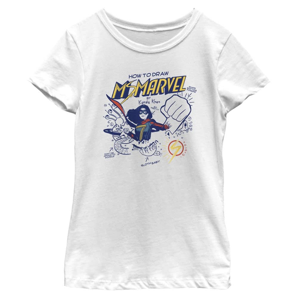 Marvel Draw MS Girls Short Sleeve Tee Shirt, White, X-Large