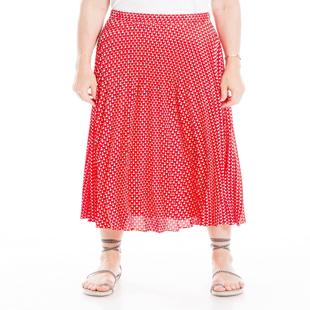 Max Studio Women's Petite Size Long Pleated Skirt, Red/Cream Gradual Twin Dot, LP