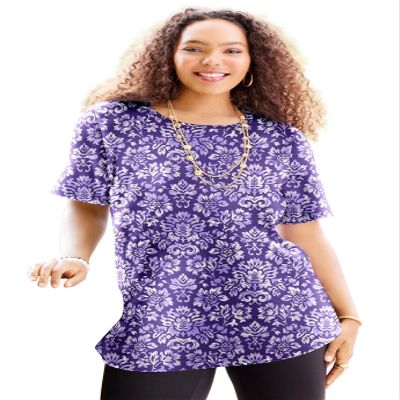 Catherines Women's Plus Size Petite Suprema Ultra-Soft Scoopneck Tee - 1XWP, Deep Grape Textured Damask