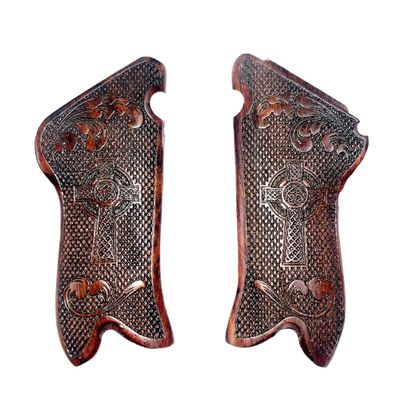 warreplica WW2 German Luger P08 Wooden Grips|Custom Celtic Cross & Floral Carved Design|Authentic Walnut Wood Handle Scales|Fits P01 P08 Parabellum Models|Handcrafted Decorative Grip Set