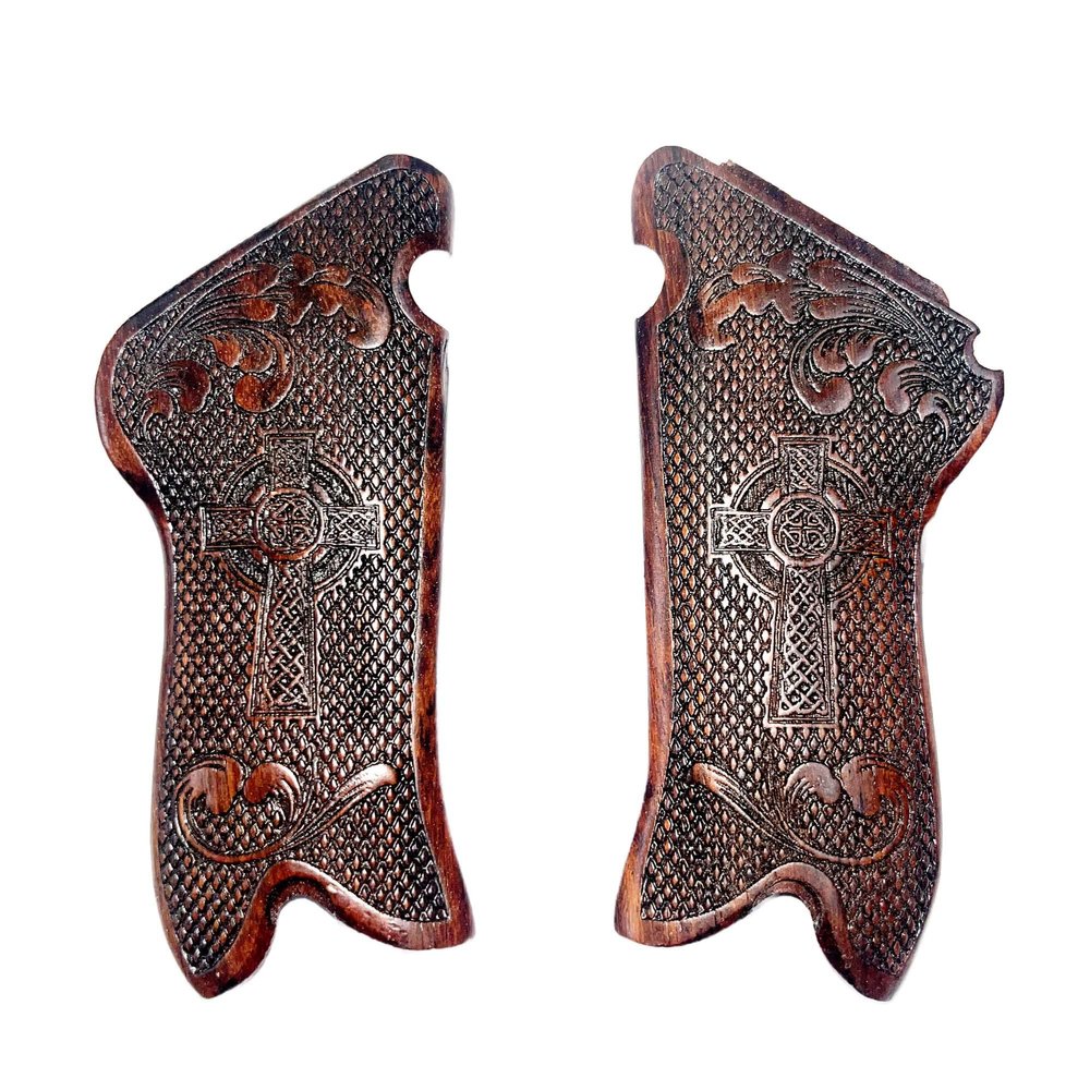 warreplica WW2 German Luger P08 Wooden Grips|Custom Celtic Cross & Floral Carved Design|Authentic Walnut Wood Handle Scales|Fits P01 P08 Parabellum Models|Handcrafted Decorative Grip Set