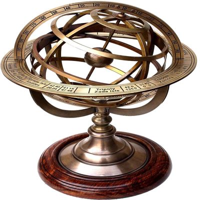 Divine Handicraft 10.2" Brass Antique Vintage Zodiac Armillary Brass Sphere Globe Wooden Display | Pirate's Antique Ship Dcor Nautical Maritime Antique Globe