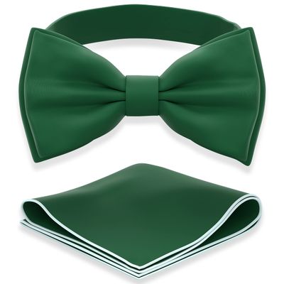 Adam Young Boy's Green Bow Tie with Handkerchief Pre-Tied Style Formal Satin Classic Bowtie for Tuxedo Faux Silk (Medium, Juniper)