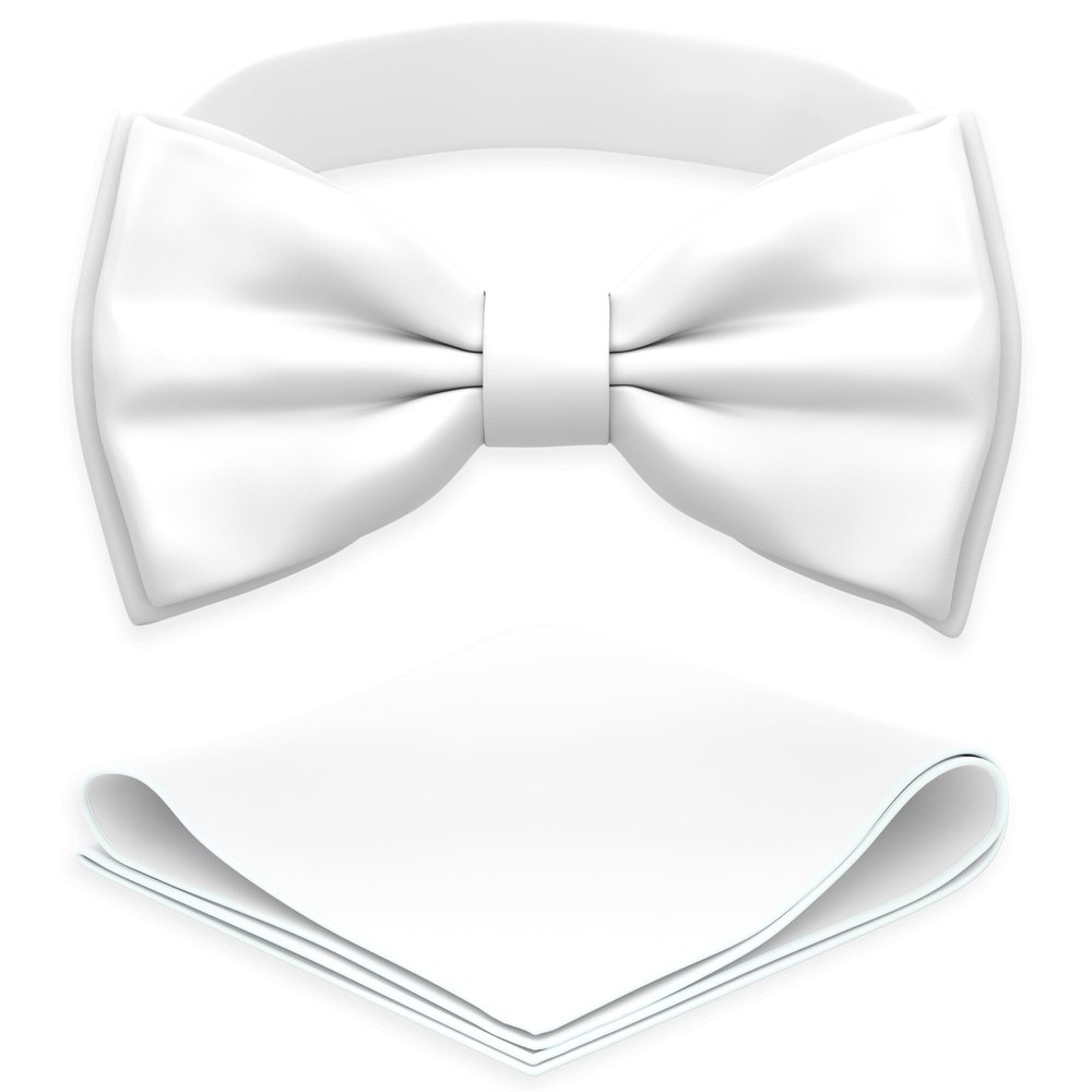 Adam Young Boy's White Bow Tie with Handkerchief Pre-Tied Style Formal Satin Classic Bowtie for Tuxedo Faux Silk (Medium, White)