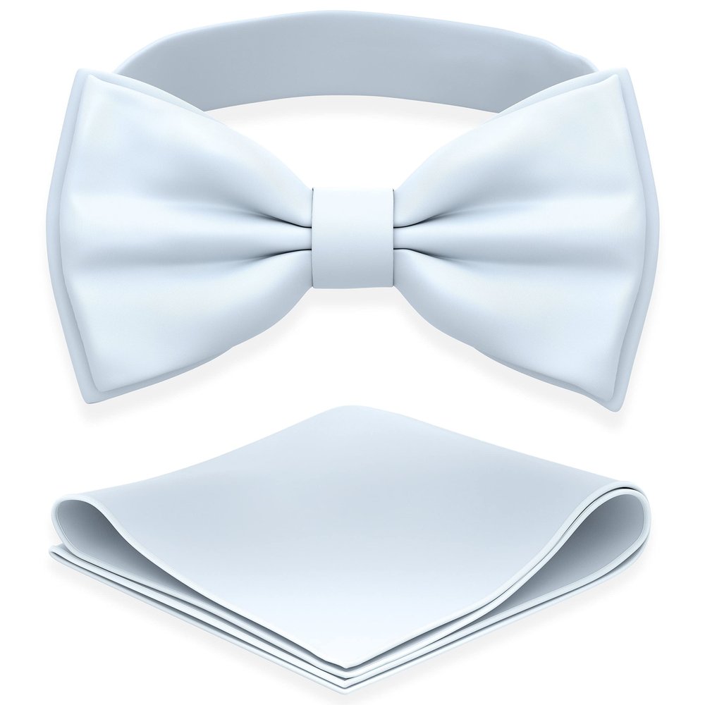Adam Young Men's Light Blue Bow Tie with Handkerchief Pre-Tied Style Formal Satin Classic Bowtie for Tuxedo Faux Silk (Large, Pastel Blue)