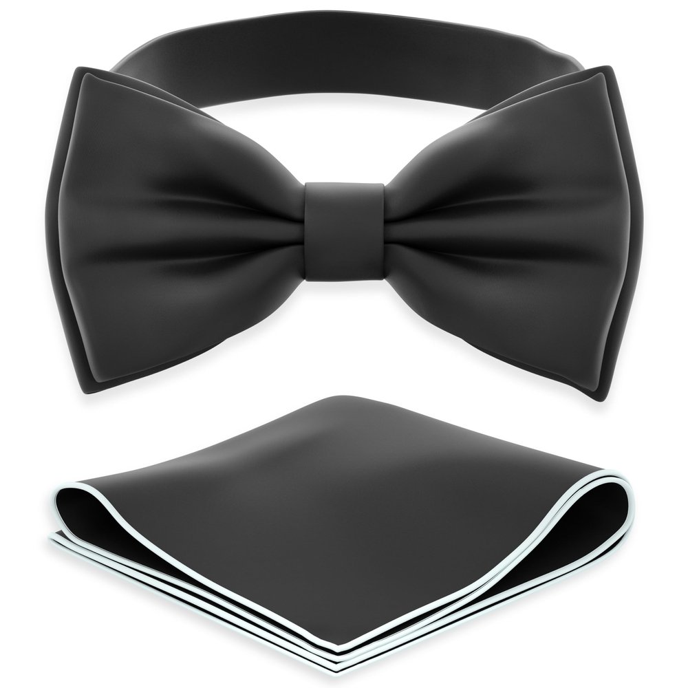 Adam Young Boy's Black Bow Tie with Handkerchief Pre-Tied Style Formal Satin Classic Bowtie for Tuxedo Faux Silk (Medium, Black)