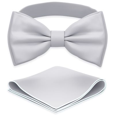 Adam Young Boy's Light Gray Bow Tie with Handkerchief Pre-Tied Style Formal Satin Classic Bowtie for Tuxedo Faux Silk (Medium, Silver Grey)