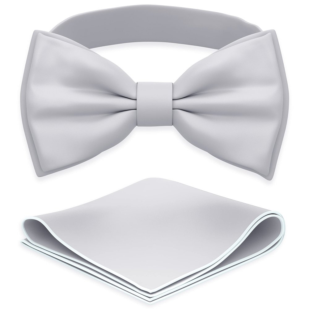 Adam Young Boy's Light Gray Bow Tie with Handkerchief Pre-Tied Style Formal Satin Classic Bowtie for Tuxedo Faux Silk (Medium, Silver Grey)
