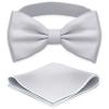 Adam Young Boy's Light Gray Bow Tie with Handkerchief Pre-Tied Style Formal Satin Classic Bowtie for Tuxedo Faux Silk (Medium, Silver Grey)