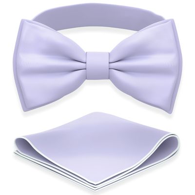 Adam Young Men's Light Purple Bow Tie with Handkerchief Pre-Tied Style Formal Satin Classic Bowtie for Tuxedo Faux Silk (Large, Lavender-Iris)