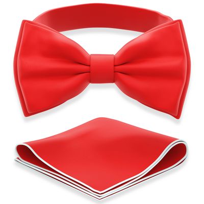 Adam Young Boy's Scarlet Bow Tie with Handkerchief Pre-Tied Style Formal Satin Classic Bowtie for Tuxedo Faux Silk (Medium, Red)