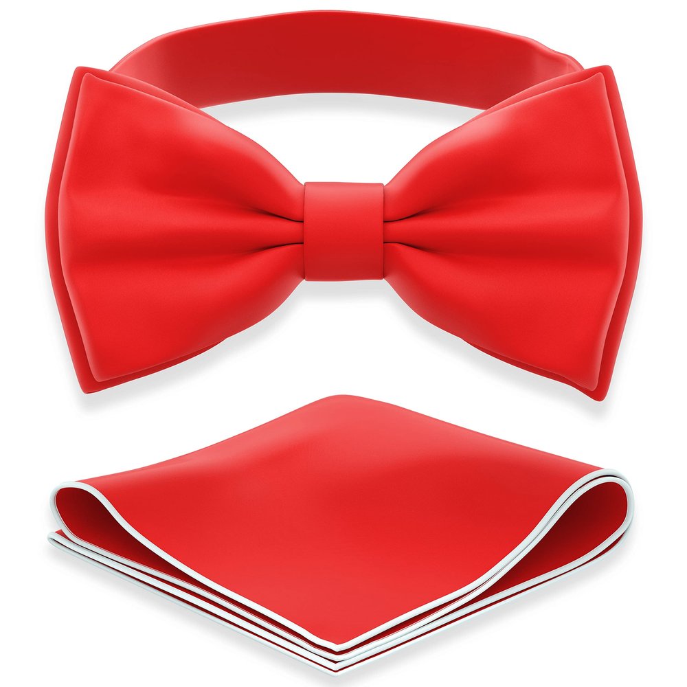 Adam Young Boy's Scarlet Bow Tie with Handkerchief Pre-Tied Style Formal Satin Classic Bowtie for Tuxedo Faux Silk (Medium, Red)