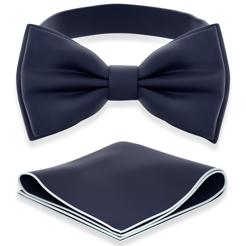 Adam Young Men's Navy Blue Bow Tie with Handkerchief Pre-Tied Style Formal Satin Classic Bowtie for Tuxedo Faux Silk (Large, Navy Blue)