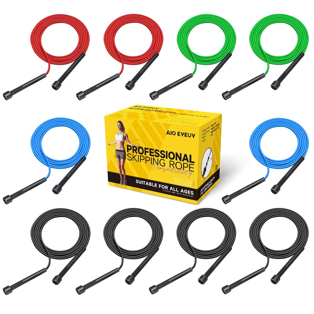 AIO EYEUY 10 Pack Adjustable Jump Rope for Fitness and Exercise-PVC Skipping Rope for Men,Women and Kids-Tangle-Free for Keeping Fit, Training, Workout