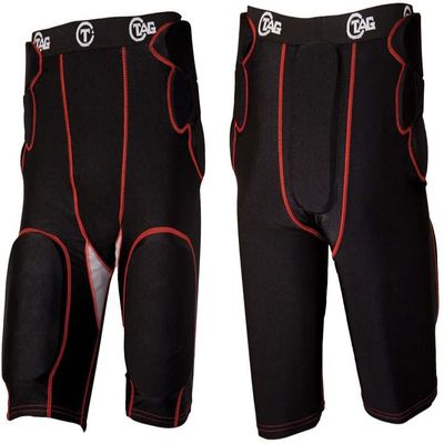 TAG Adult Mid-Rise 5-Pad Integrated Girdle - Moisture-Wicking Compression Fabric Girdle for Football - Mesh Ventilated Gussets - Sewn-in Hip, Tail, and Thigh Pads - Small