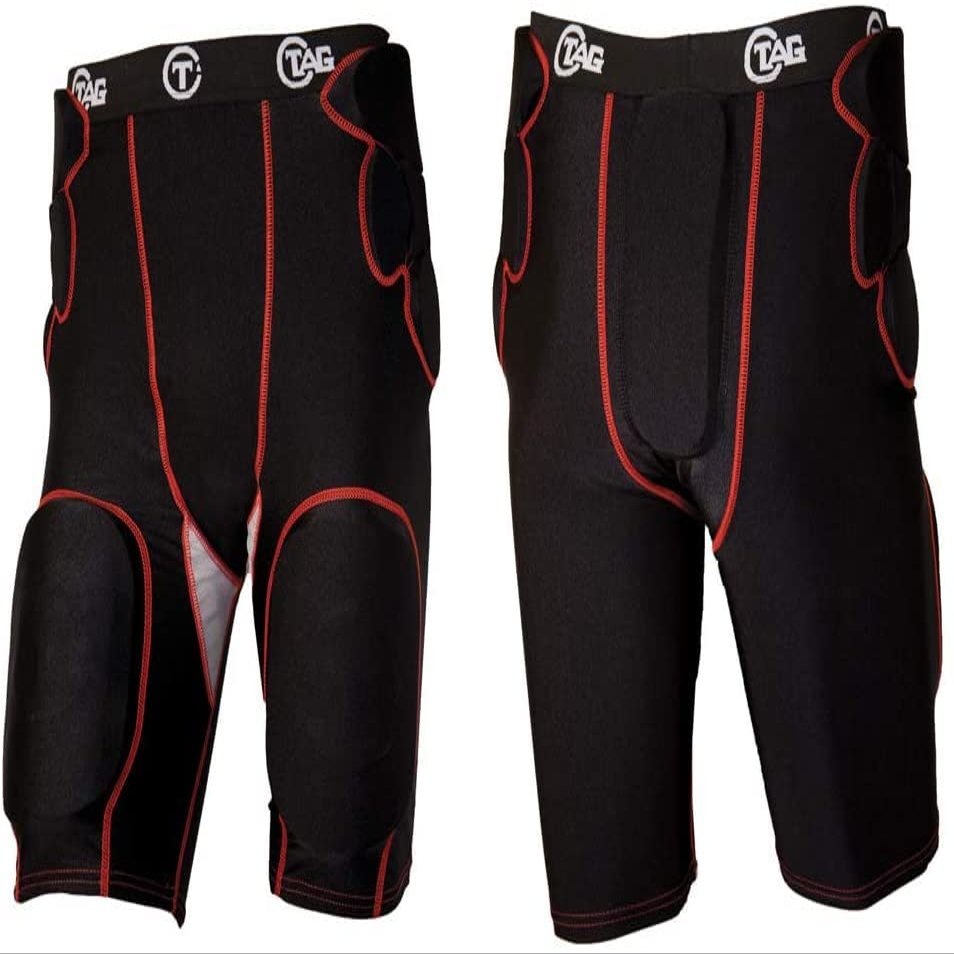 TAG Adult Mid-Rise 5-Pad Integrated Girdle - Moisture-Wicking Compression Fabric Girdle for Football - Mesh Ventilated Gussets - Sewn-in Hip, Tail, and Thigh Pads - Small