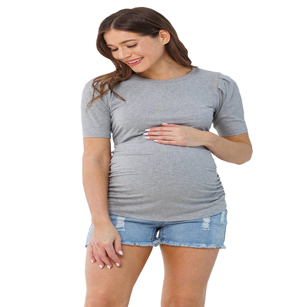 LaClef Women's Maternity Puff Sleeve Ribbed T-Shirt Top (Heather Grey, Medium)